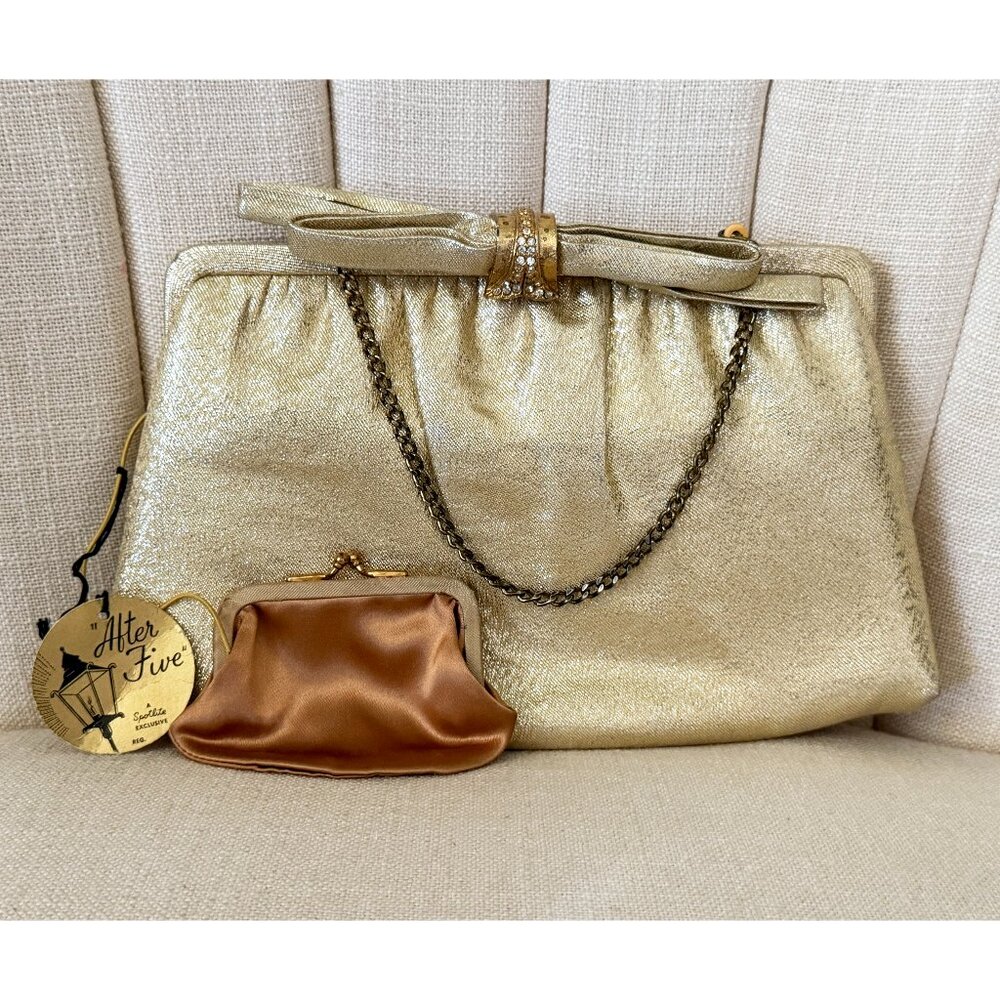vintage AFTER FIVE cocktail bag LOWY & MUND gold fabric handbag clutch purse